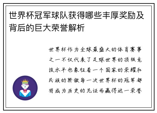 世界杯冠军球队获得哪些丰厚奖励及背后的巨大荣誉解析