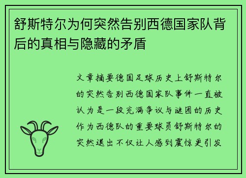 舒斯特尔为何突然告别西德国家队背后的真相与隐藏的矛盾