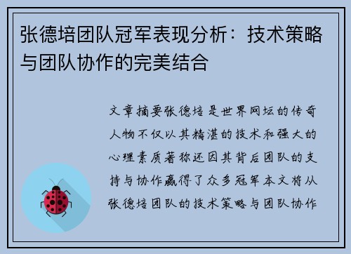 张德培团队冠军表现分析：技术策略与团队协作的完美结合