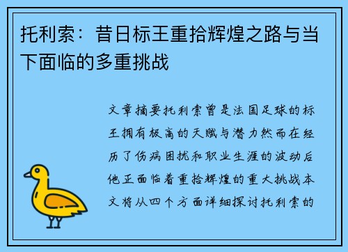 托利索：昔日标王重拾辉煌之路与当下面临的多重挑战